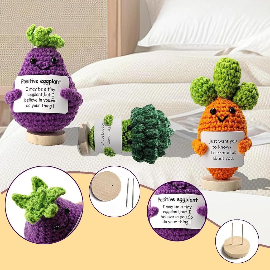 7PCS Handmade Positive Emotional Support Crochet Dolls, Adorable Knitted Dolls of Vegetables and Fruits with Positive Card, Mental Health Boosting