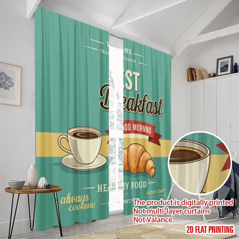 2pcs 2D Flat Printing Window Curtains Breakfast Coffee Croissant Good Morning Fabric Without Electricity Festive Wall Decor for