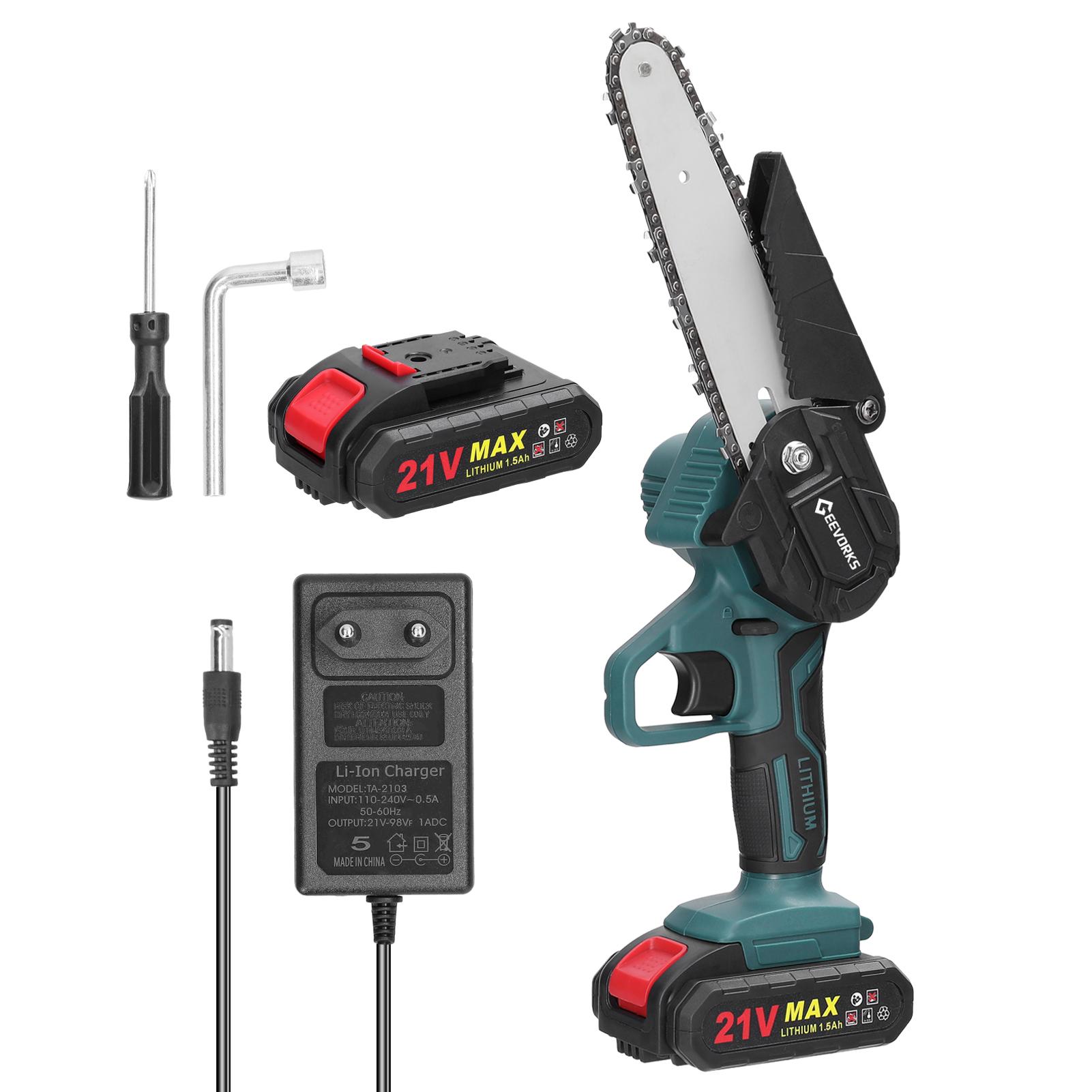 

21 В 6-дюймовые портативные электрические обрезные пилы, перезаряжаемая маленькая бензопила для раскалывания древесины, одноручная (EU) 2pcs 1500mAh battery