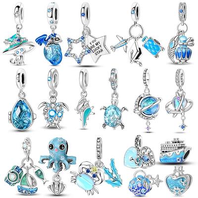 Ciondolo Blu Chiaro Onirico in Rame Charms Pianeta Oceano Perline Adatti per Bracciale Originale Fai da Te Collana Gioielli di Compleanno
