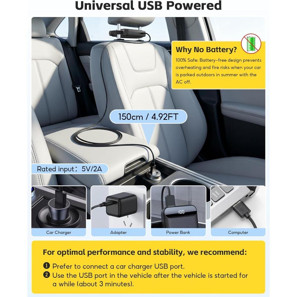 New Upgraded Car Seat Back Fan, Dual Airflow Bladeless Cooling Fan For Baby Rear Facing, 3-speed Quiet USB Backseat Headrest Fan