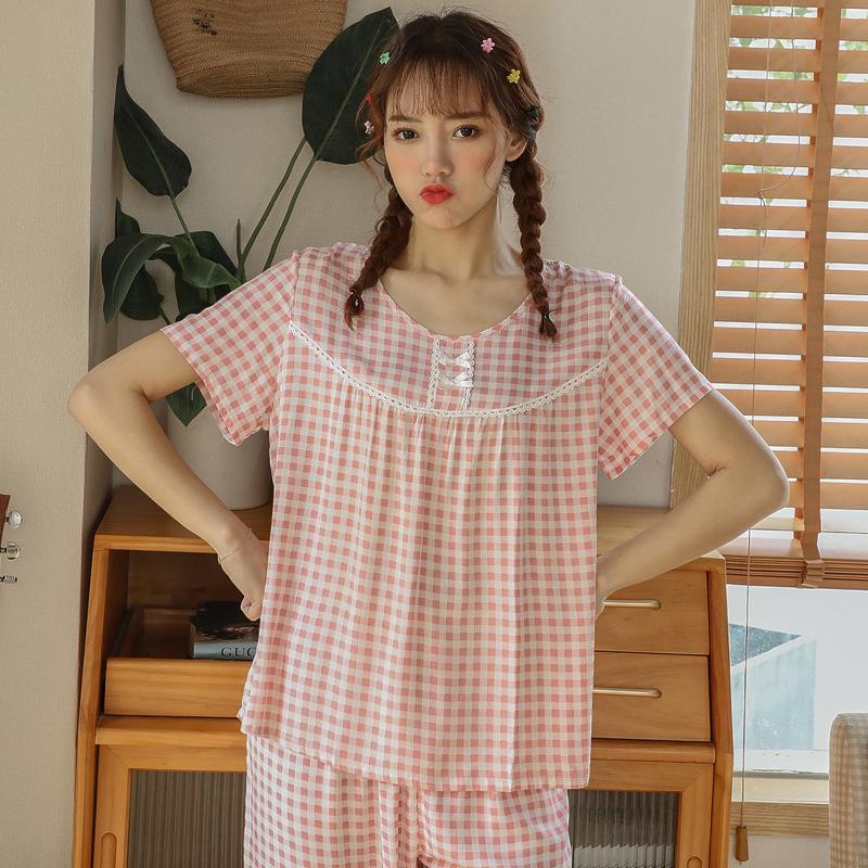 

Женский пижамный комплект в корейском стиле в клетку - Летний с коротким рукавом, длинные брюки, повседневная домашняя одежда из хлопка и вискозы Extra Large светло-оранжевый