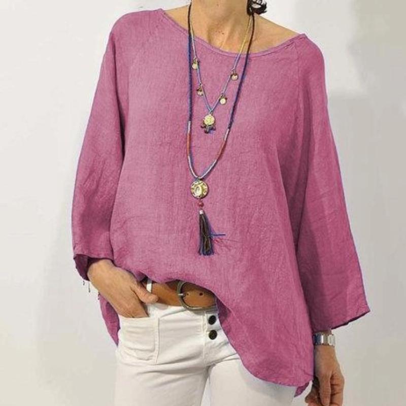 

Женская одежда Топ однотонный льняной круглый вырез рукав реглан рукав три четверти футболки 5XL розы красного