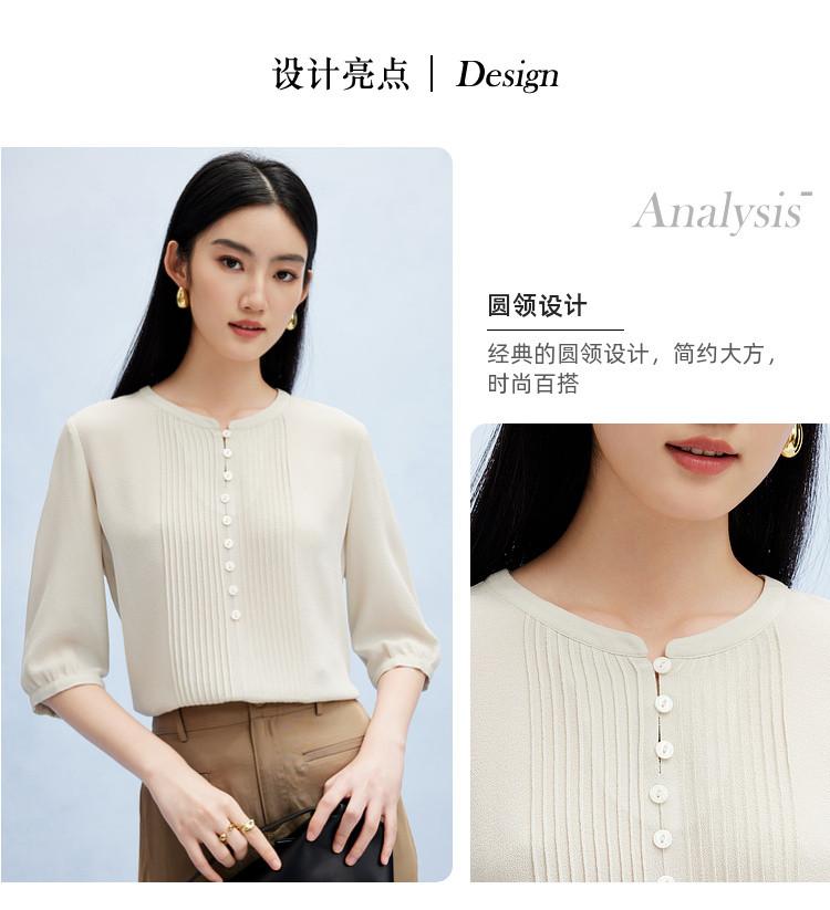 Selected Silk Ghost Crepe Summer Round Neck Organ Fold Design Solid Color Heavy Weight Mulberry Silk T-shirt for Women