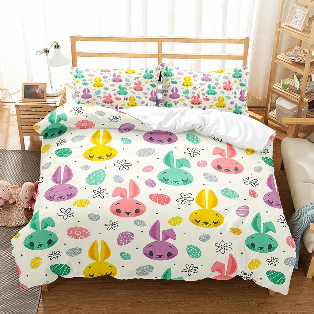 Cartoon Rabbit Duvet Cover Set Twin Queen Colorful Eggs Bedding Set Microfiber Floral Comforter Cover For Girls Boys Easter Gift