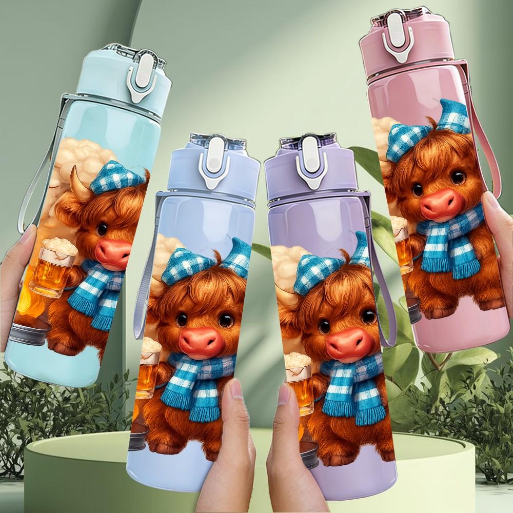 1PC Cozy Bear Campfire Winter Pattern 750ml Color Plastic Sports Water Bottle Leakproof Flip Straw Lid Suitable for Sports Office Home Use