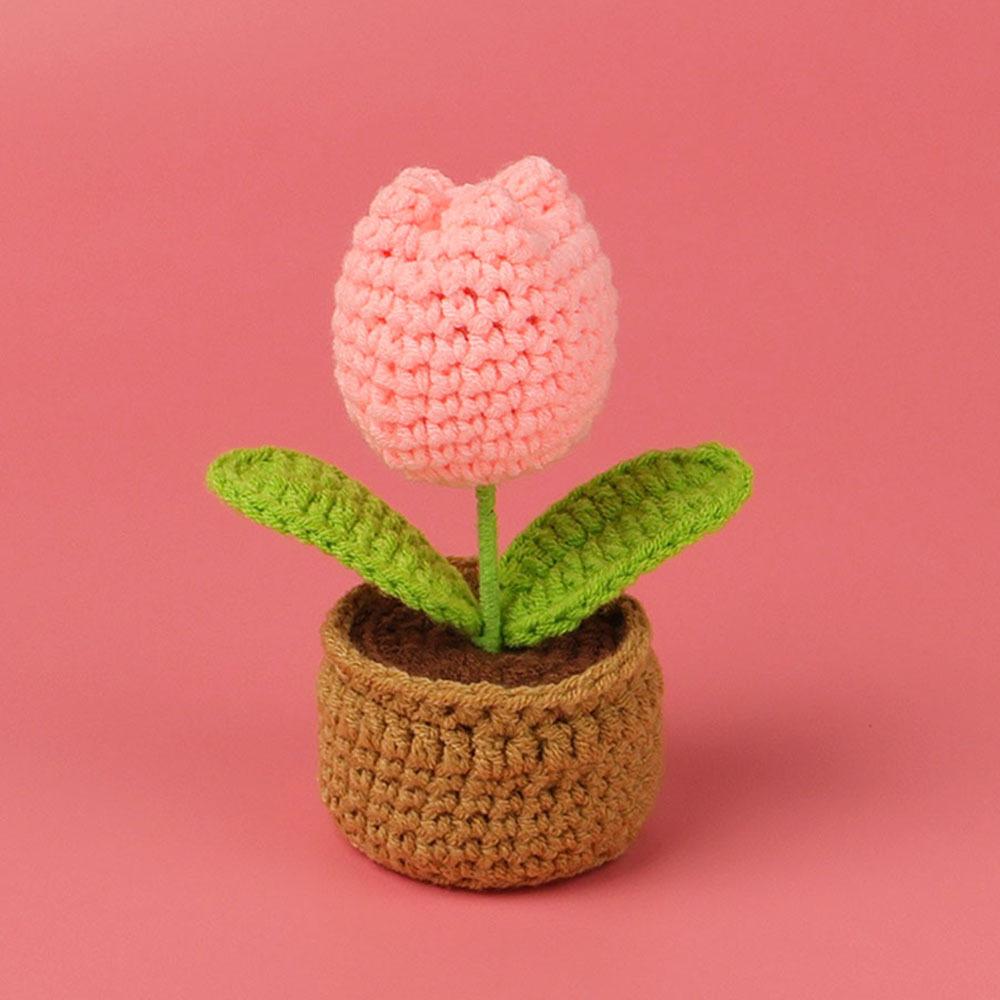 Tulip Crochet Flowers Pot Cute Knit Flower Creative Crochet Plant Pot Tulips Knitting Flower Car Table Home Decor