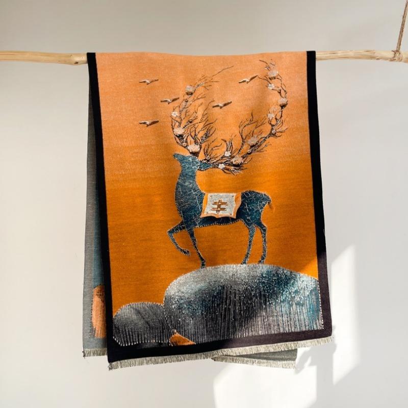 Winter new oil painting fashion imitation cashmere scarf female elegant warm shawl with thickened double-sided student scarf