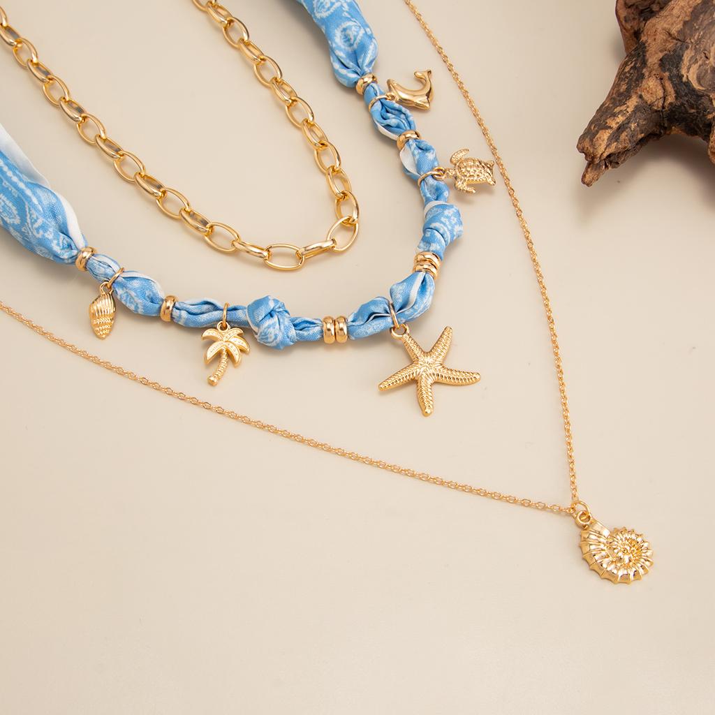 Ocean Style Sea Star Conch Pendant Necklace Sweet Cool Style Geometric Splicing Clavicle Chain