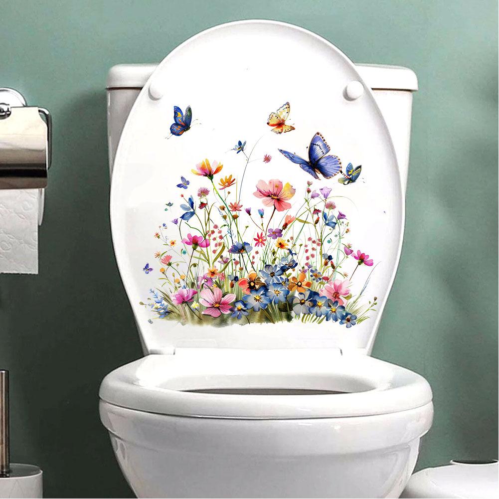Flower Wall Stickers, Self-adhesive Butterfly Toilet Sticker Peel And Stick, Floral Leaf Decor Art DIY Wall Decals Wallpaper Supplies For Refrigerator