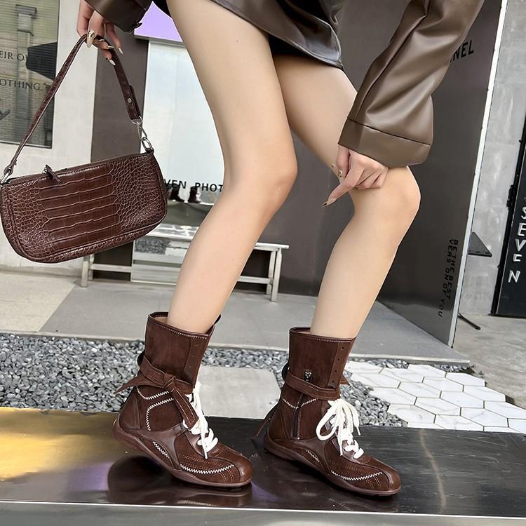 Cowhide Version~ Flat Bottom Inner Height Increase Martin Boots Women's 2025 New Boxing Boots Matte Leather Lace-up Short Boots German Training Boots