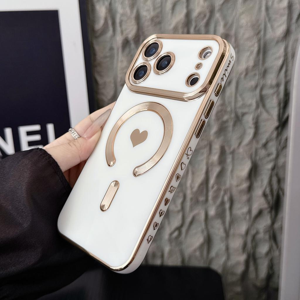 Case for 17 16 15 14 13 12 11 Pro Max Magnetic Protective Case Heart Pattern Shock Proof Anti-Fingerprint Wireless Charging