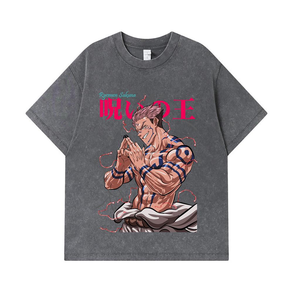 275 GSM Washed T-shirts 100% Cotton Jujutsu Kaisen V46 Sukuna Print Unisex Heavy Cotton T Shirt