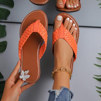 Mode Frauen Weben Flip-Flops Weibliche Wohnungen Hausschuhe Runde Zehen Klippzehe Sandalen Mode Sommer Neue Casual Strand Walking Mujer Rutschen