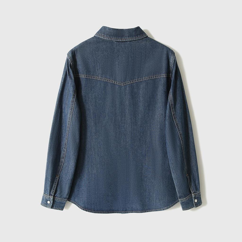 Vintage Hong Kong Style Blue Denim Shirt Women's Spring and Autumn Layering French Top