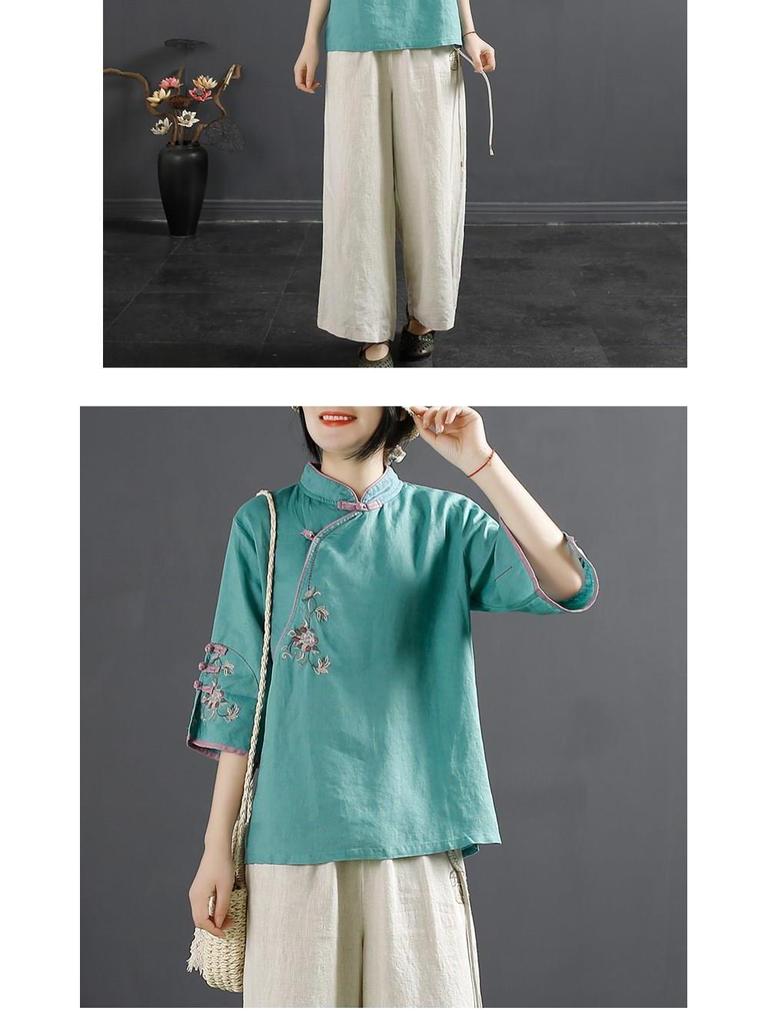 2024 Retro Chinese-Style Embroidered Cotton Linen Shirt - Women's Spring/Summer Stand-up Collar Top