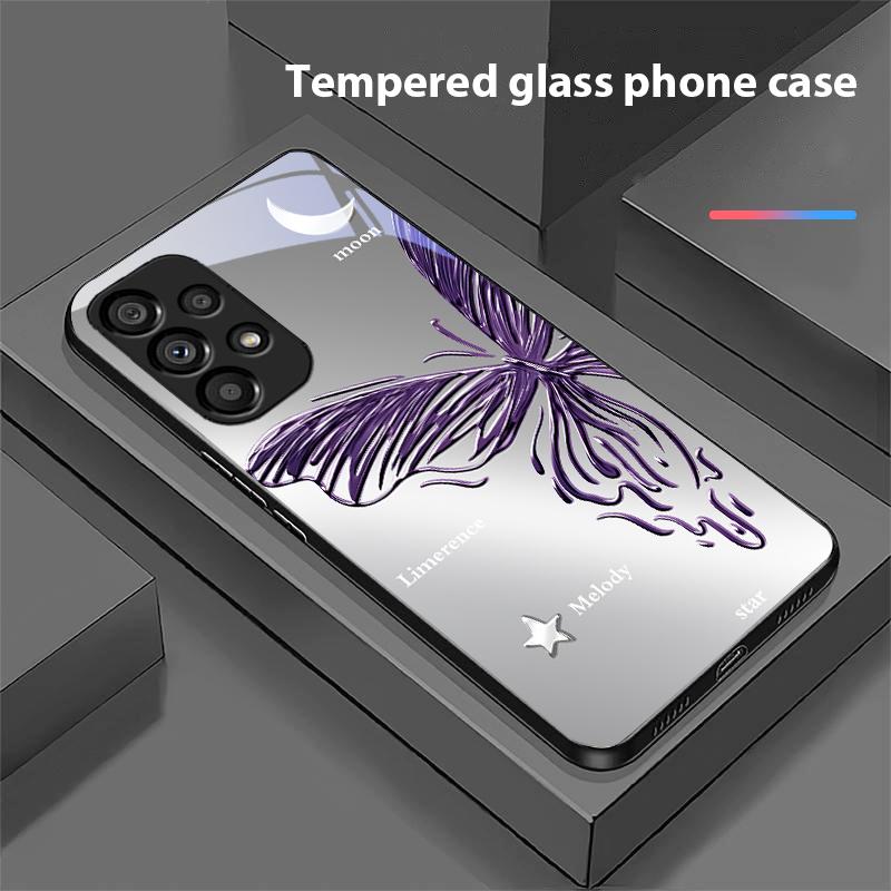 Metallic Butterfly For Samsung Galaxy S10 20 Plus 21 FE 22 23 24 FE 25 Ultra Black Tempered Glass Phone Case Hard Shell