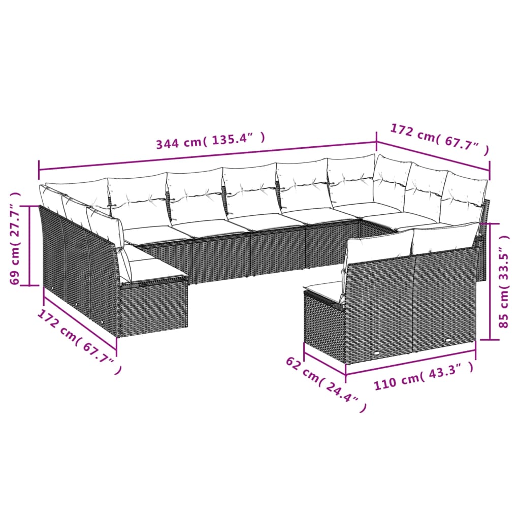 Vidaxl 12-Cz. Garden Furniture Set, With Cushions, Black, Poly Rattan