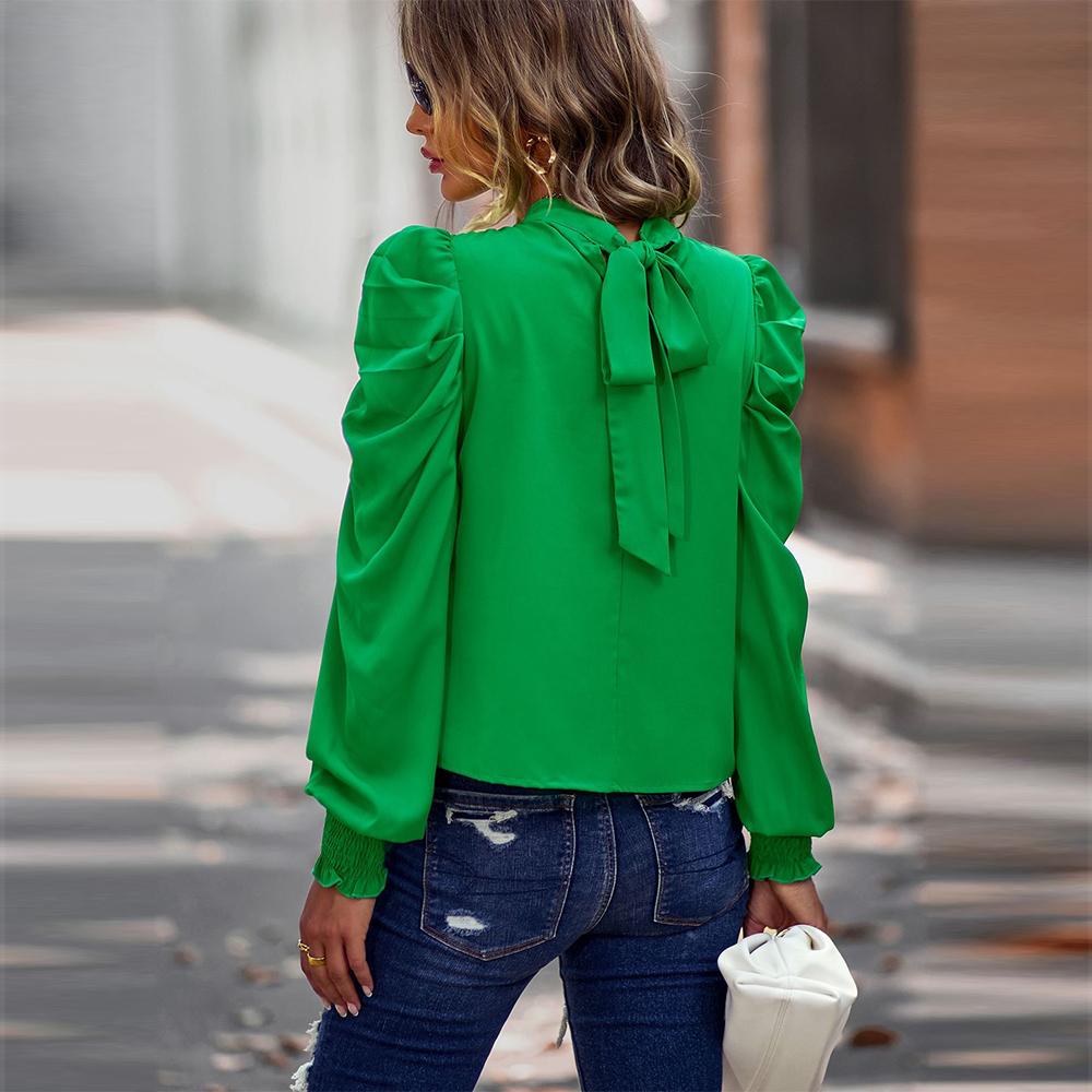 Camisa feminina de manga bufante My Wardrobe Authorization, cor sólida, top casual