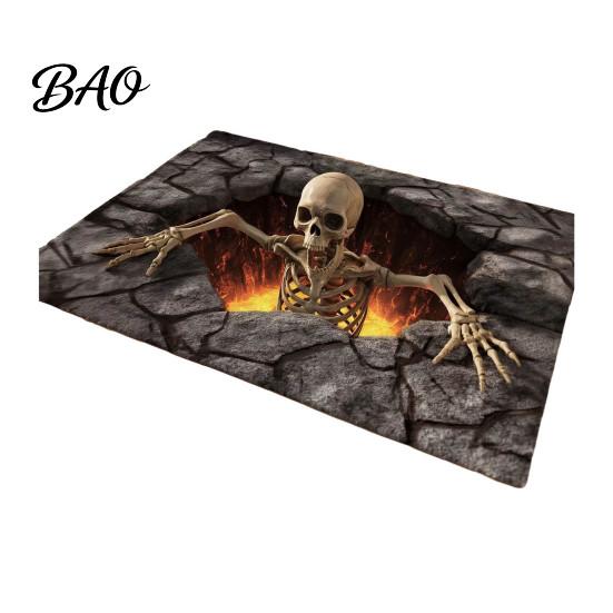 Funny Prank Door Mat 3D Halloween Rug, Optical Illusion Skeleton Realistic Depth Pattern, Jack-o'-lantern Floor Decor Spooky Pumpkin Non-slip