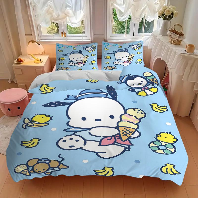 3pcs Pochacco & Ice Cream Design Print Bedding Set (1 Cover + 2 Pillowcases, Without Inserts), Soft and Comfortable W075