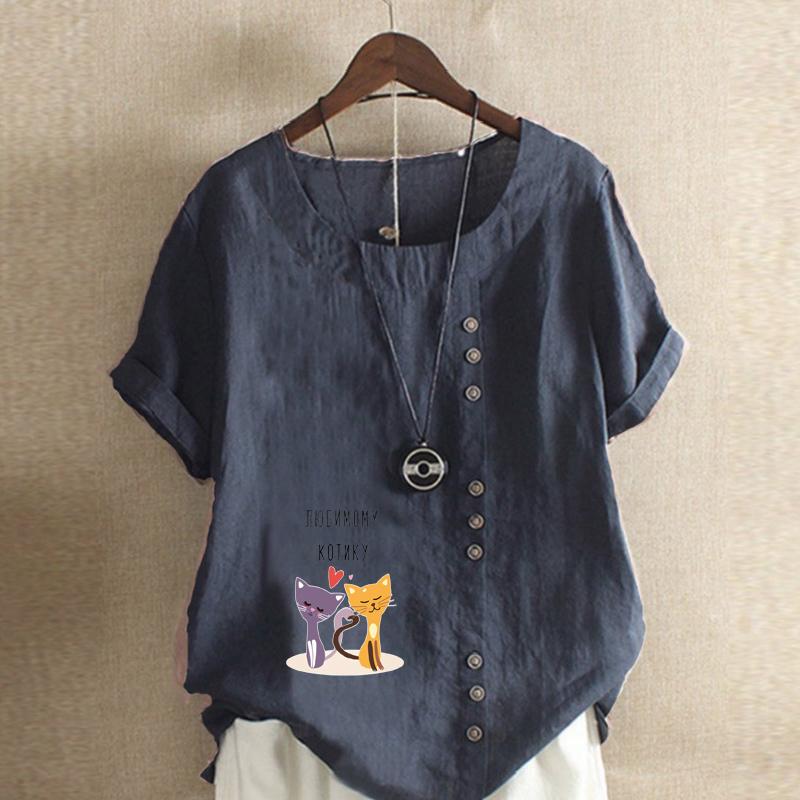 

Женская модная футболка с короткими рукавами и принтом кота, свободная хлопковая рубашка, повседневная свободная летняя блузка, топы больших размеров 4XL темно-синий