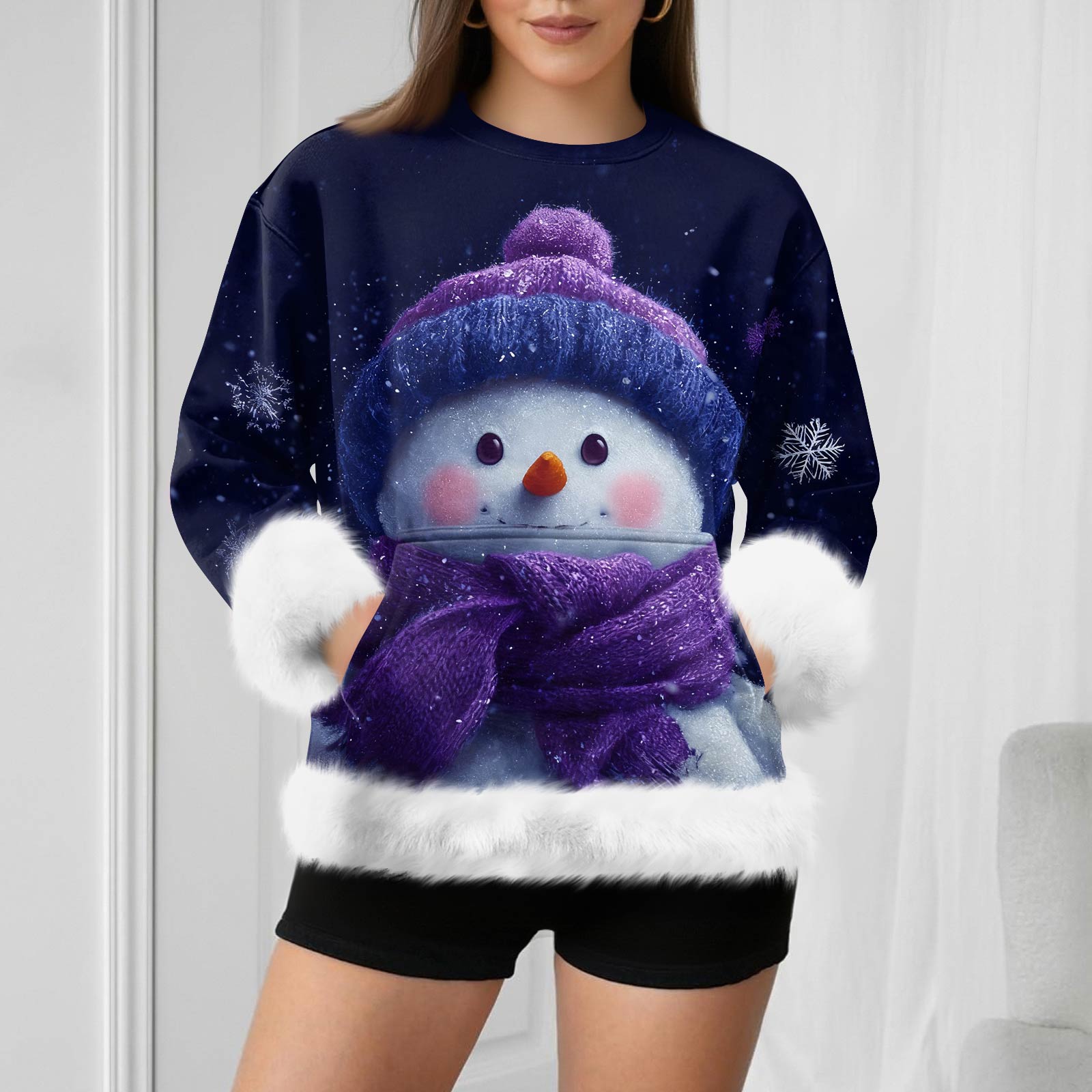 

Женский повседневный свитшот с длинными рукавами и принтом снеговика на Рождество XL киноварь