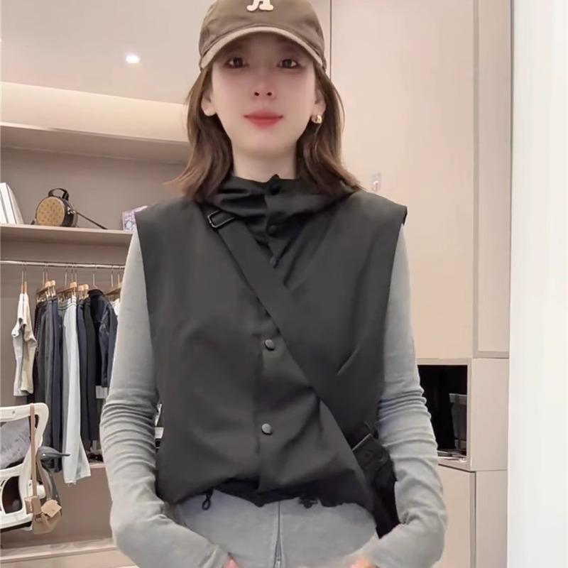 

Женский черный безрукавный жилет с капюшоном - Новый корейский стиль, Свободный крой, Весенняя верхняя одежда M чёрный