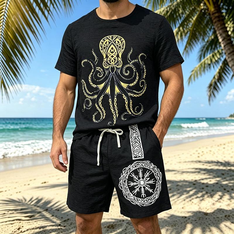 Men Viking Faith Octopus Print Loose Short Sleeve T Shirt And Shorts Two Piece Set