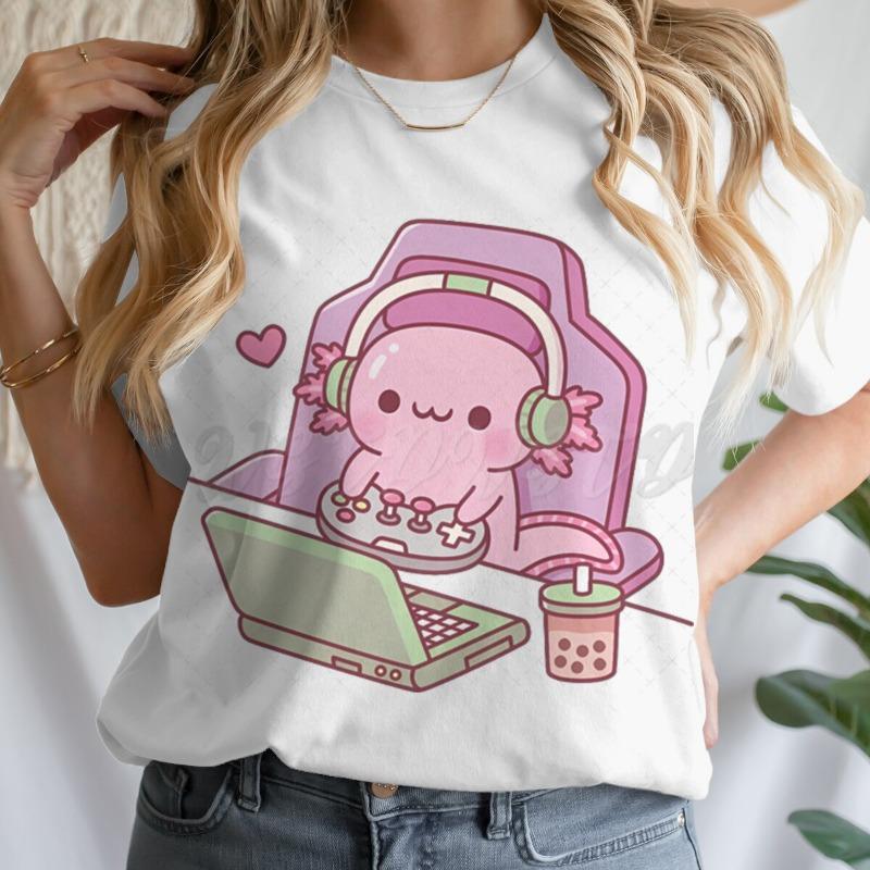 Cute Axolotl Playing Games T-shirt Female Casual Summer Drink Top Tie Dye Boba Tea Cartoon T-shirts Gamer Funny Short Sleeve Tee