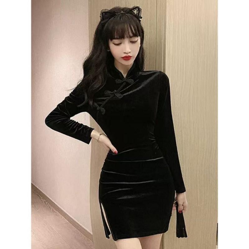 Black Velvet Short A-Line Dress With High Waist Mandarin Collar Petite Women Small