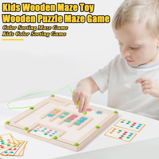 Magnetic Puzzle Maze Board Game Color Shape Sorting Counting Matching Fine Motor Skills Travel Kids Educational Wooden Block Maze Toy