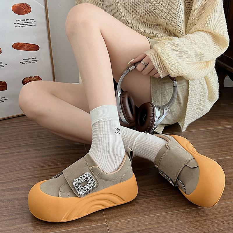 Mattes Leder Plateau Brotschuhe Damen Herbst neue Mode runder Kopf lässig Klettverschluss Damenschuhe Muffin-Schuhe