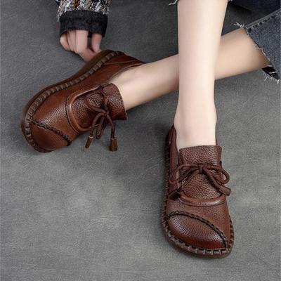 Damen Flache Schuhe Frühling Runde Zehen Schnürschuhe Leder Casual Loafers Handgemachte Bequeme Schuhe