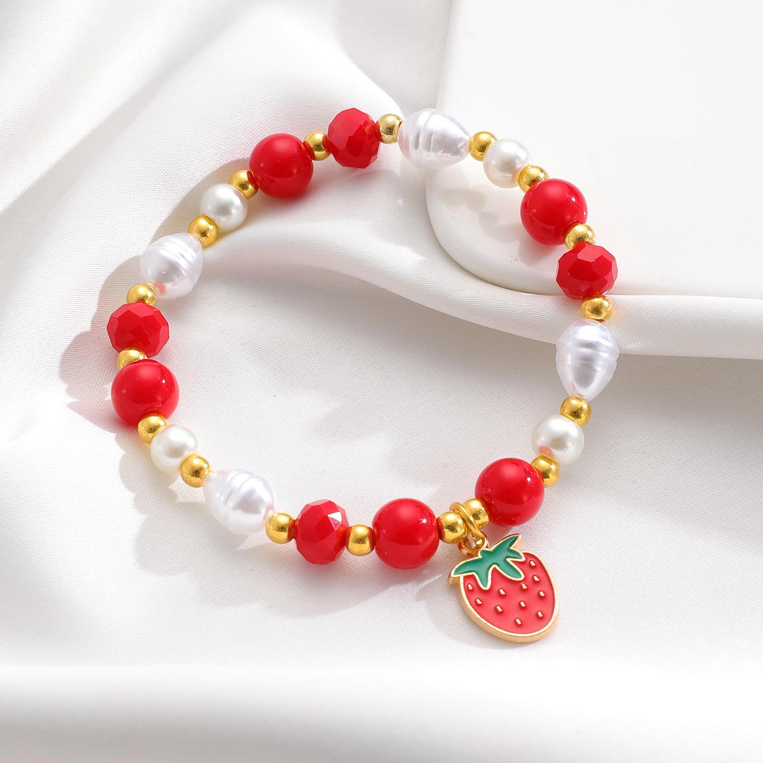 Cherry Strawberry Fruit Handmade Beaded Bracelet Sweet Versatile Wrist Jewelry 1