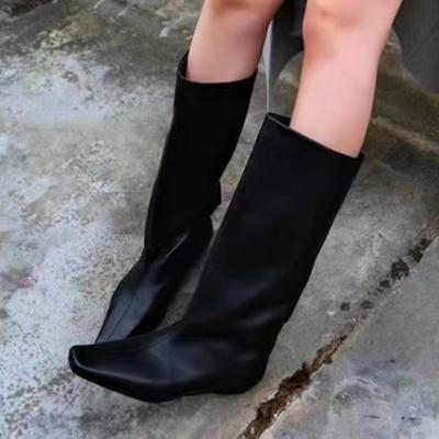 Designer 2025 New Women High Boots Flats Square Toe Leather Shoes Elegant Winter Mid Calf Boots Brand Party Woman Knight's Botas