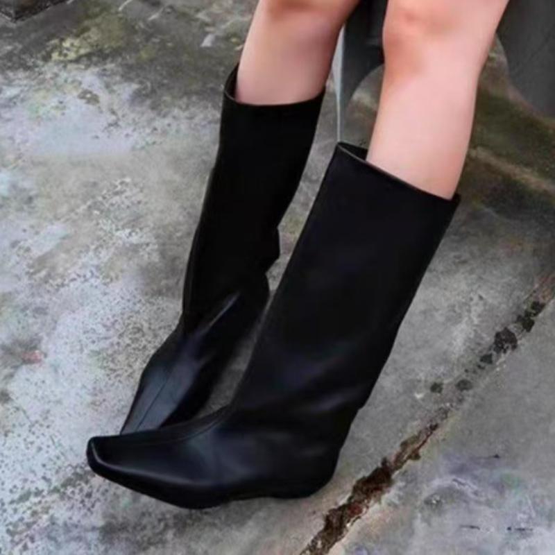 Fashion Designer 2025 New Women High Boots Flats Square Toe Leather Shoes Elegant Winter Mid Calf Boots Brand Party Woman Knight's Botas