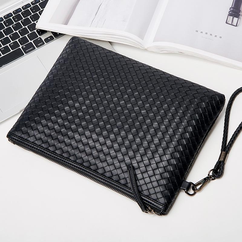 Men's Woven Leather Clutch Wallet - Large Capacity Soft Handbag & Phone Holder