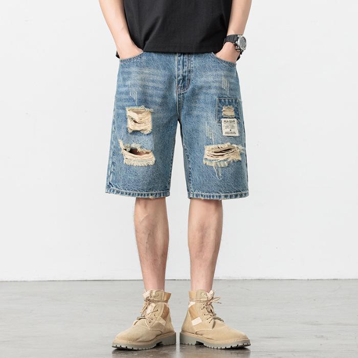

Рваные джинсовые шорты мужские летние новые свободные облегающие брюки средней длины 38 синий