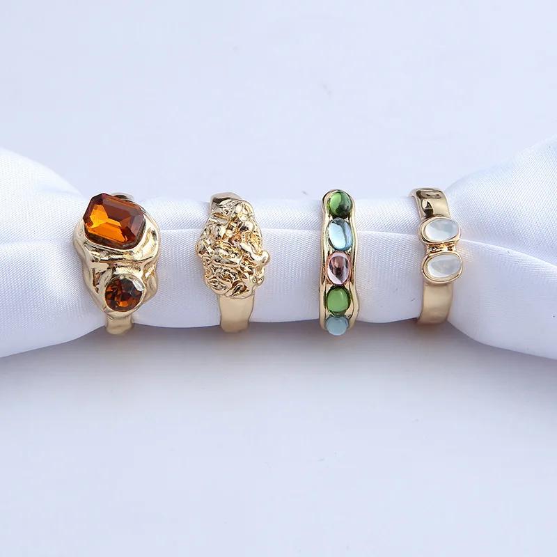 2024 New Tide Individuality Retro Geometric Hollowing Inlay Gem Rings SetLiquid State Metal Four-Piece Rings Set Paty Jewelry