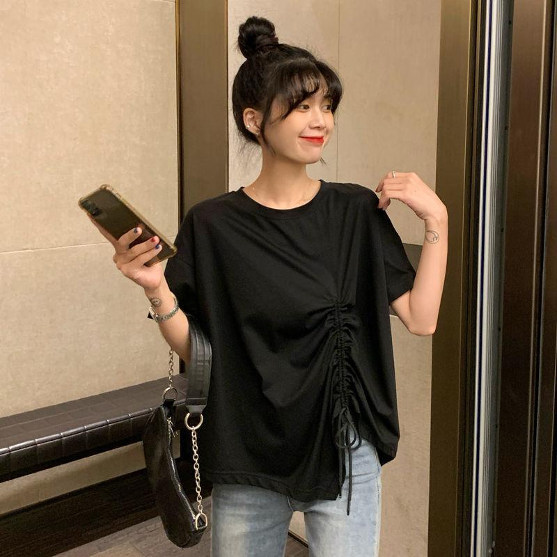 

Women s Summer Plus Size Loose-Fit Asymmetric Drawstring T-Shirt Solid Color Short Sleeve Split Hem Top 3XL