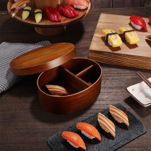 Amosfun Wooden Bento Box, 800ml, Japanese Style, Large Capacity, Stylish Lunch Box with Sushi Case and Removable Dividers, Suitable for Men and Women,