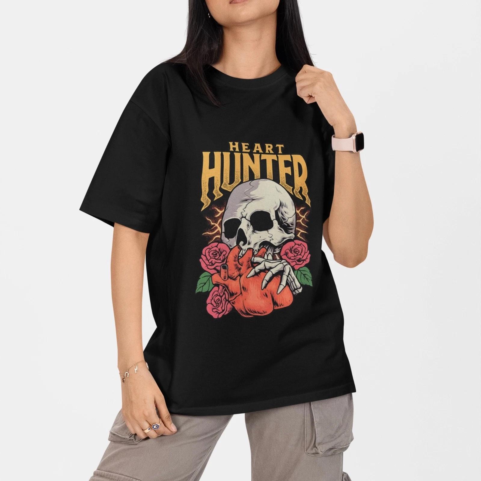 Heart Hunter Skull Gothic Graphic T-Shirt Dark Aesthetic Rose Tee L