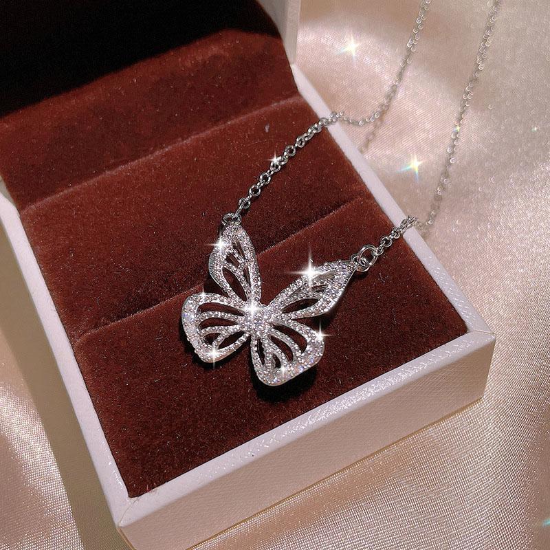 Hollow Butterfly Paved CZ Jewelry Set for Women, Luxury Pendant Necklace Earrings Ring, INS Style High-End Clavicle Chain