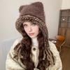 Women Hat Bear Ear Design Thickened Plush Ear Protection Hat Skiing Camping Travel Autumn Winter Headwear