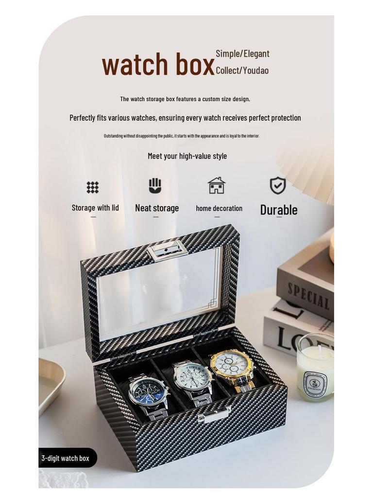 Large Capacity Carbon Fiber Watch Display Box with Transparent Skylight