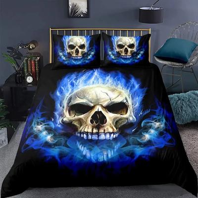 Schwarz Blaue Flamme Schädel Bettbezug Set Doppelgröße 3D Skelett Knochen Bettwäscheset Gothic Bettdeckenbezug Horror Schädel Steppdeckenbezug