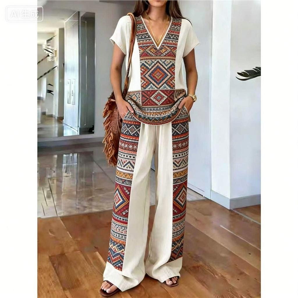 1116 new European and American casual style printing set full of pattern design high waist and wide leg pants two-piece set for women