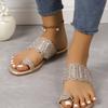 Women's Plus‑Size Rhinestone Flat Slide Sandals, Summer New Korean‑Style Toe‑Loop Flat Slippers for Beach Outdoor Wear