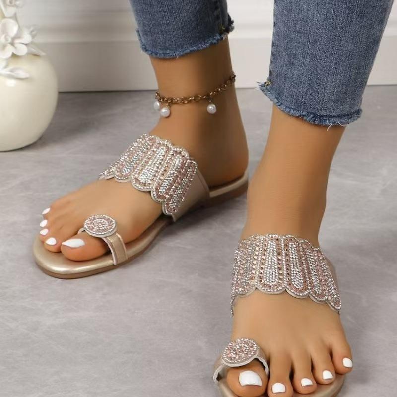 Women's Plus‑Size Rhinestone Flat Slide Sandals, Summer New Korean‑Style Toe‑Loop Flat Slippers for Beach Outdoor Wear